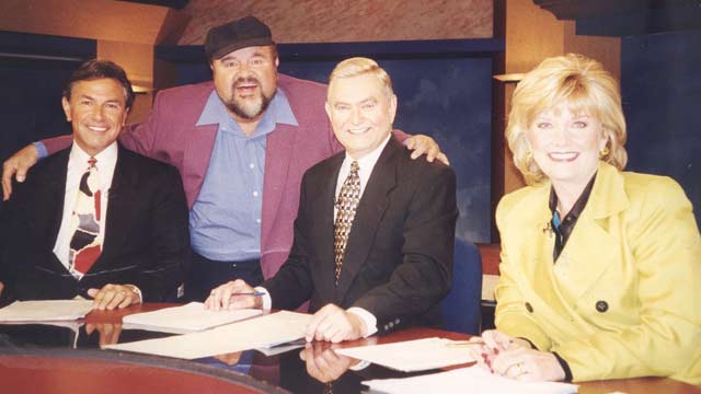 Bob Allen, Dom DeLuise, Dave Ward, Shara Fryer on the set of channel 13 Houston anchor desk Bob Allen, Dom DeLuise, Dave Ward, Shara Fryer
