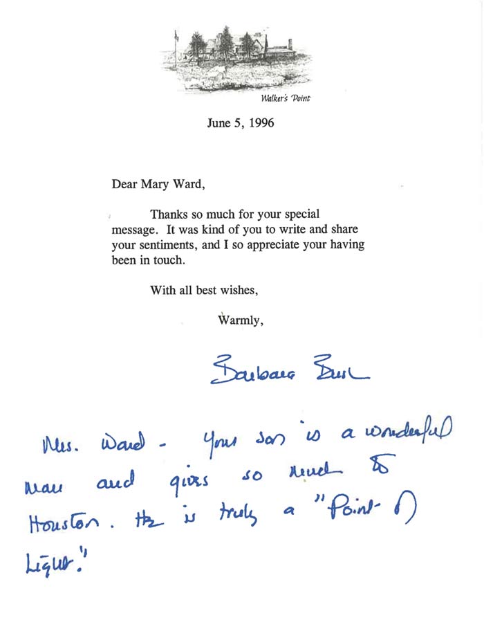 Former first lady Barbara Bush's letter to Dave Ward's mother, Mary.